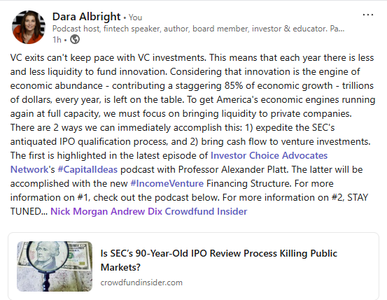 Dara Albright (@tothestoics) on Twitter photo The fastest path to economic prosperity is to expedite the liquidity of private ventures! Check out the latest episode of #CapIdeas on how the SEC can add trillions to the GDP simply by going back to its original 20-day cooling off mandate <a href="/InvestorChAdNt/">Nicolas Morgan</a> crowdfundinsider.com/2025/03/237206… The fastest path to economic prosperity is to expedite the liquidity of private ventures! Check out the latest episode of #CapIdeas on how the SEC can add trillions to the GDP simply by going back to its original 20-day cooling off mandate <a href="/InvestorChAdNt/">Nicolas Morgan</a> crowdfundinsider.com/2025/03/237206…
