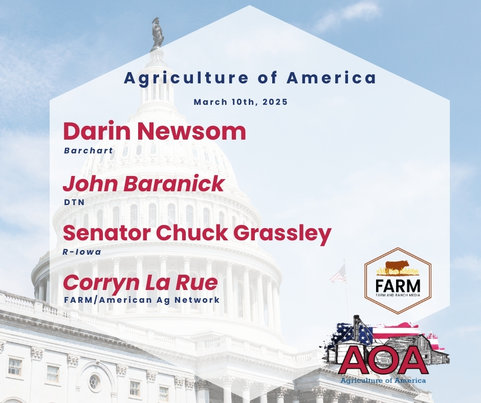 AgricultureOfAmerica (@aoa_talkshow) on Twitter photo On Monday, we talk markets with <a href="/DarinNewsom/">Darin Newsom</a> from <a href="/BarchartAg/">Barchart Agriculture</a> followed by weather with <a href="/dtnpf/">DTN/Progressive Farmer</a>'s John Baranick. In Seg 3, it's a conversation with Senator <a href="/ChuckGrassley/">Chuck Grassley</a> followed by an update from the <a href="/NFUDC/">National Farmers Union</a> annual meeting with <a href="/CorrynLaRueAg/">Corryn La Rue</a>.
LISTEN: sites.libsyn.com/541047/aoa-mon… On Monday, we talk markets with <a href="/DarinNewsom/">Darin Newsom</a> from <a href="/BarchartAg/">Barchart Agriculture</a> followed by weather with <a href="/dtnpf/">DTN/Progressive Farmer</a>'s John Baranick. In Seg 3, it's a conversation with Senator <a href="/ChuckGrassley/">Chuck Grassley</a> followed by an update from the <a href="/NFUDC/">National Farmers Union</a> annual meeting with <a href="/CorrynLaRueAg/">Corryn La Rue</a>.
LISTEN: sites.libsyn.com/541047/aoa-mon…