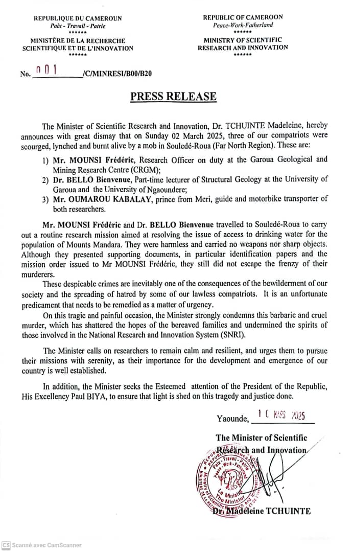 PRESS RELEASE OF MADAM MINISTER OF SCIENTIFIC RESEARCH AND INNOVATION FOLLOWING THE ASSASSINATION OF RESEARCHERS IN SOULEDE-ROUA, FAR-NORTH REGION