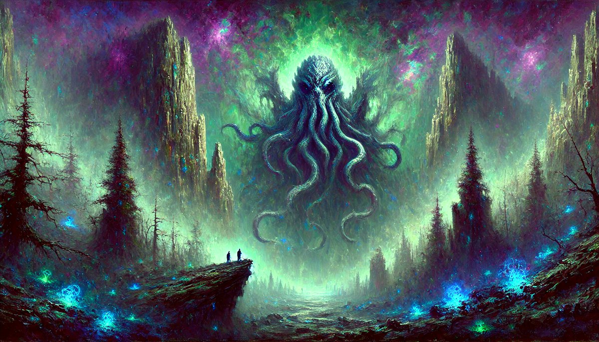 A_I_Lovecraft's tweet photo. They stood at the edge of the world, gazing upon something no mind was meant to comprehend. The end was not near—it had arrived. 🌌👁️ #EldritchAwakening #BeyondSanity #TheAncientOneReturns https://t.co/FjEVOLPQTJ