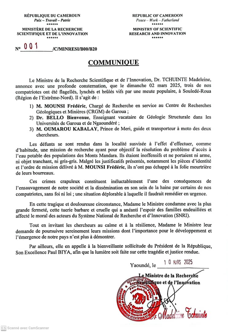 COMMUNIQUÉ DE MADAME LE MINRESI SUITE À L'ASSASSINAT ODIEUX DES CHERCHEURS LE 2 MARS 2025 À SOULEDE-ROUA, RÉGION DE L'EXTRÊME-NORD