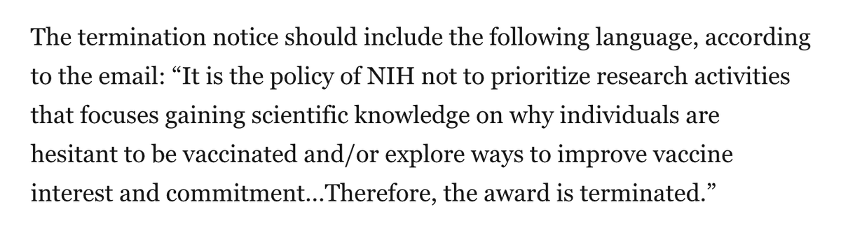 In case RFK Jr convinced you that he is not anti-vax, but merely "skeptical" &amp; concerned about vaccine safety...look here

NIH is terminating awards to obtain reliable data on vaccine hesitancy &amp; ways to improve uptake. This is an explicitly anti-vax policy.

Link in reply👇