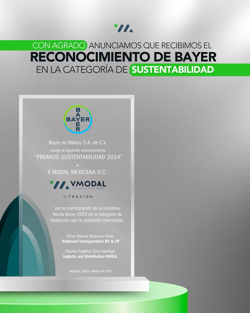 Cada acción cuenta cuando se trata de construir un futuro más sostenible. 🌱🌎 Nuestro compromiso con la logística sustentable nos ha llevado a recibir el reconocimiento de Bayer en la categoría de sustentabilidad.

Este logro no sería posible sin nuestros clientes y aliados💚