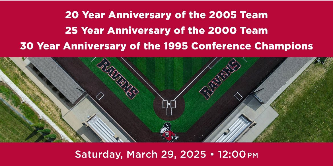 🚨PSA!!!!🚨

Calling all of our 1995, 2000 and 2005 Ravens! 

Excited to have you back on campus to be recognized for your 30th, 25th and 20th anniversaries of your outstanding seasons! 

Email: (epeterson@benedictine.edu) to rsvp!