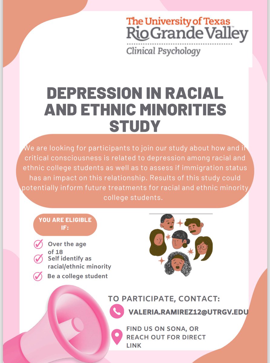 Hello! My name is Valeria, and I am a 2nd year Clinical Psychology PhD student at UTRGV. I am currently seeking participants for my research study and am reaching out to everyone to share my study flyer with potential participants! Individuals can reach out to me for the link!