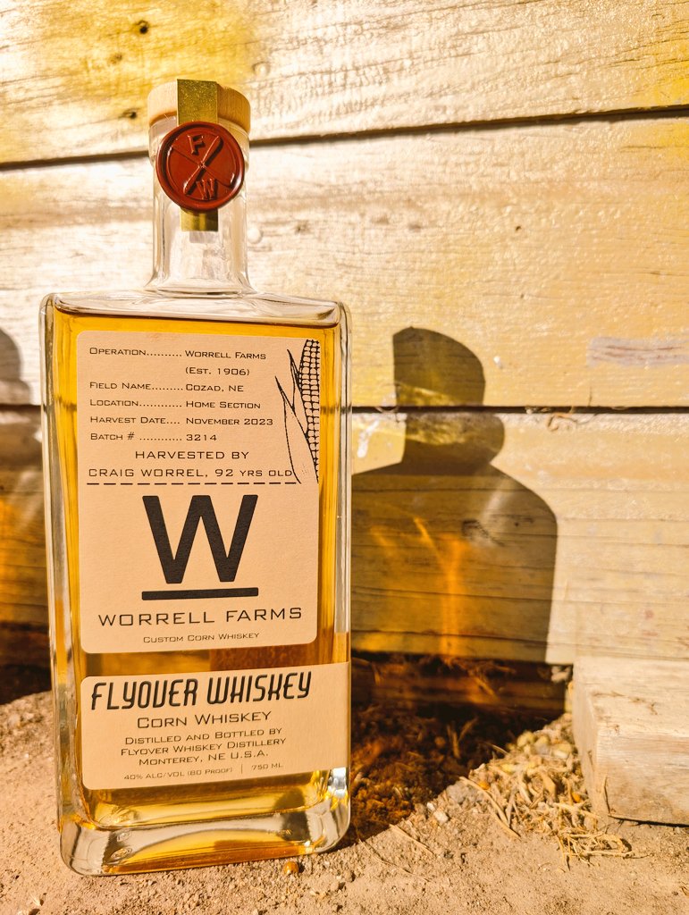HARVESTED BY CRAIG WORRELL 
(92 YEARS OLD!)

Worrell Farms (Est. 1906)
Home Section
Cozad, NE 
November 2023
Batch No. 3214
Custom #corn whiskey