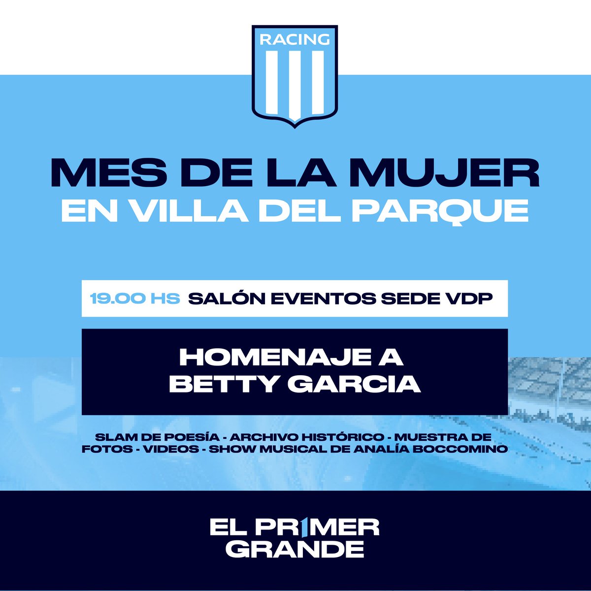 ¡ESTE VIERNES TE ESPERAMOS EN VILLA DEL PARQUE!

Conmemoraremos el Mes de la Mujer con un homenaje a Betty García, futbolista y pionera de este deporte, quien brindará una charla.