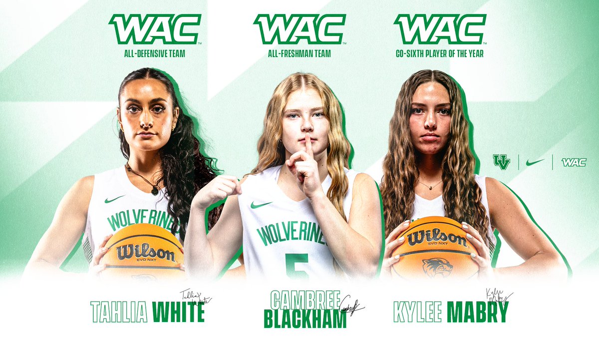 WBB | Trio of Wolverines receive WAC postseason honors. Mabry named co-Sixth Player of the Year while White (All-Defensive) and Blackham (All-Freshman) also recognized. 

#GoUVU | #ValleyForged
gouvu.com/news/2025/3/10…
