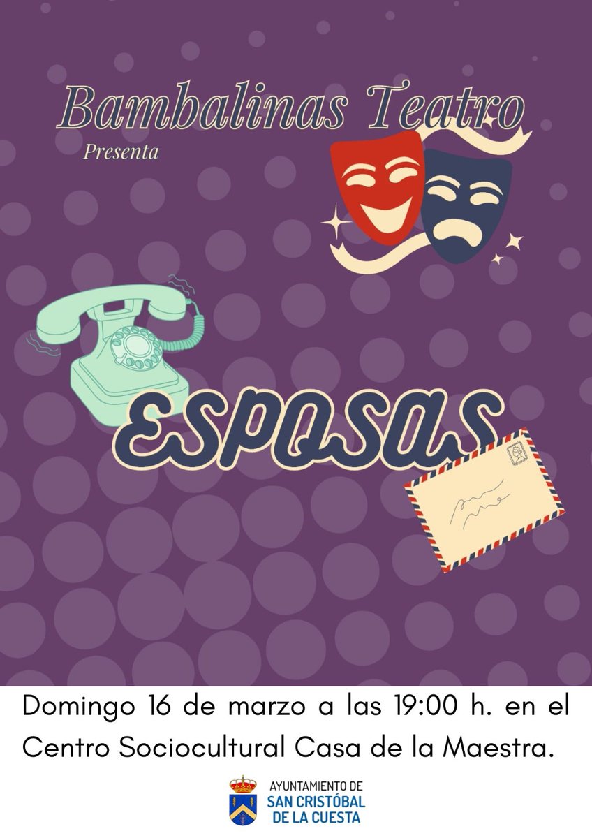 Domingo 16 de marzo a las 19:00 h. en el Centro Sociocultural Casa de la Maestra.

#AyuntamientoSanCristóbalDeLaCuesta 
#SancrisCultural
#BibliotecaMunicipalPoetaTeófiloMéndezPolo 
#SancrisSiempre