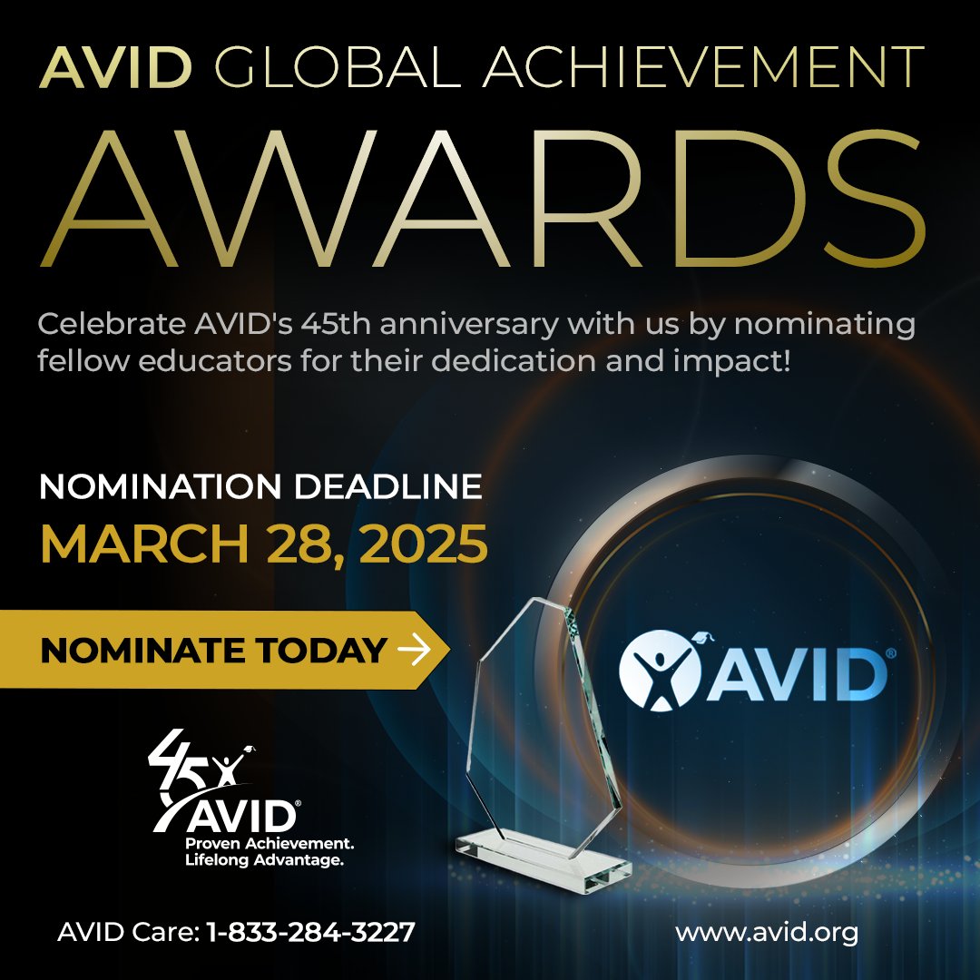 🎉 ICYMI: Nominations for the AVID Global Achievement Awards are open! Help us celebrate educators who have made extraordinary contributions to the AVID College Readiness System and the success of students everywhere by nominating today: bit.ly/3PAQTVU