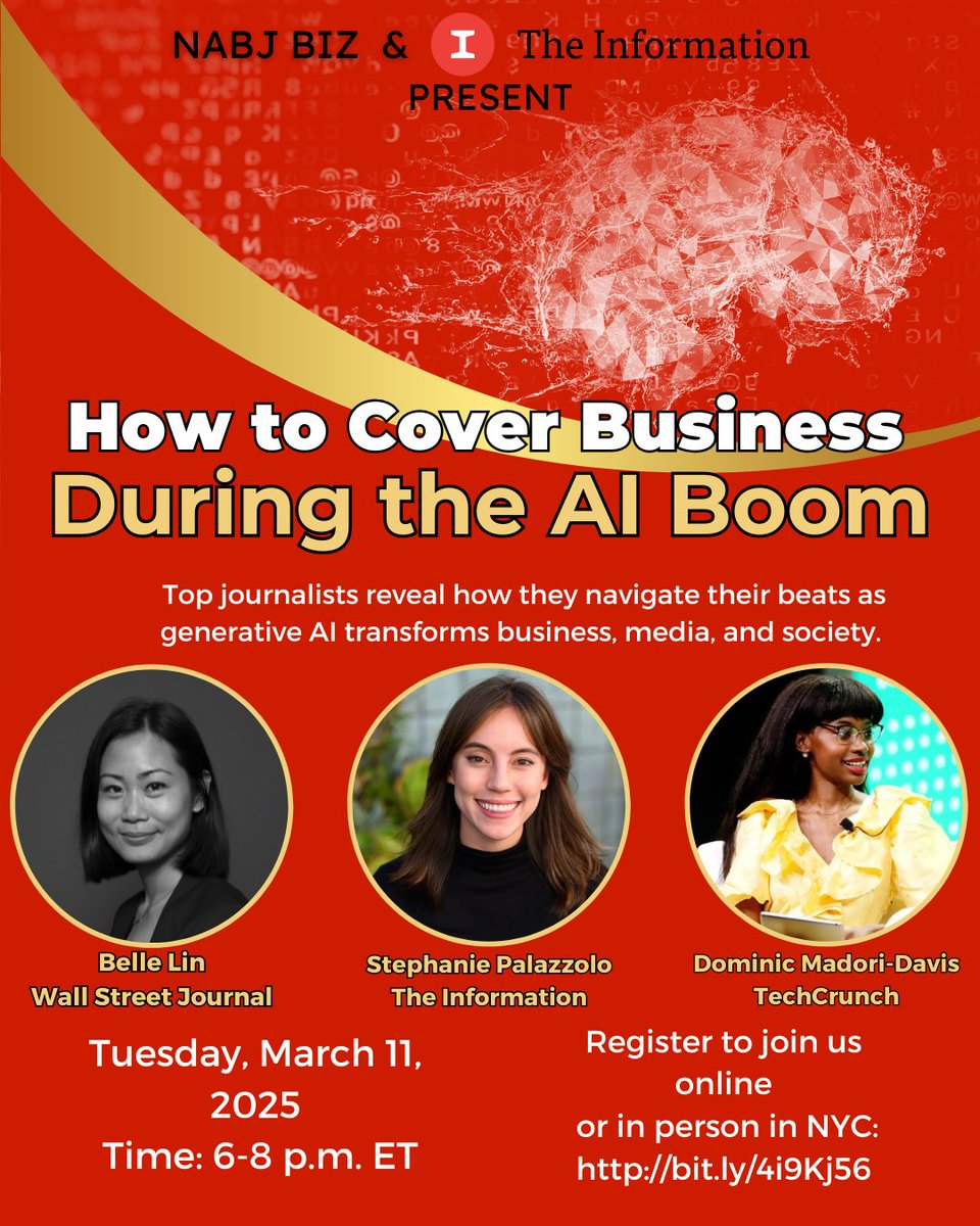NABJBiz's tweet image. TOMORROW: "How to Cover Business During the AI Boom," a hybrid panel event co-hosted by the NABJ Business Journalism Task Force and @theinformation. Join us in NYC for an evening of networking starting at 6 pm, with programming at 6:30pm. Register: bit.ly/4i9Kj56