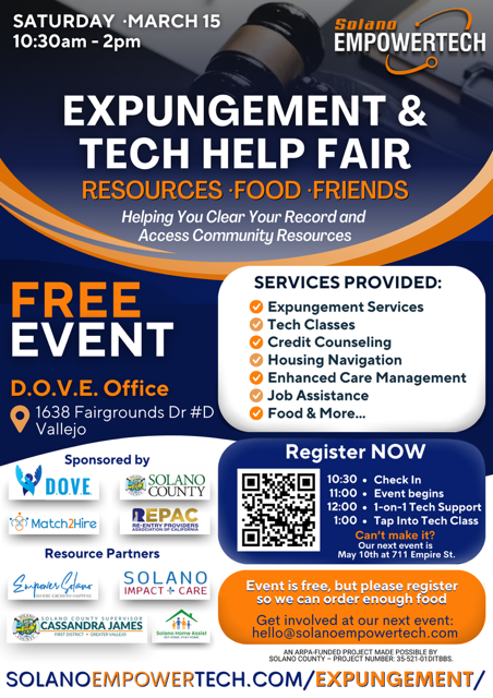 EmpowerSolano's tweet photo. Clear your record, boost your tech skills, and access community resources! Join the Expungement &amp; Tech Help Fair on March 15 at the D.O.V.E. Office in Vallejo.
Free event w/ job assistance, credit counseling, food, and more! Register now!
https://t.co/DG3NsVnvpW https://t.co/b2kPJ2Fo8e