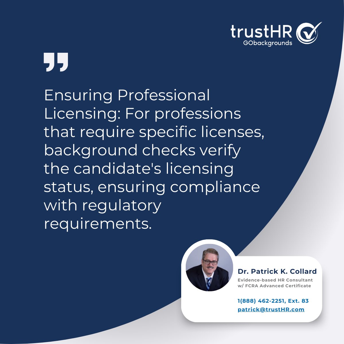 askTrustHR's tweet photo. Does your company need quality background checks with fast turnaround times? Contact Dr. Patrick K. Collard today! #backgroundchecks #employmentscreening #criminalchecks https://t.co/9f5pFf3VFA