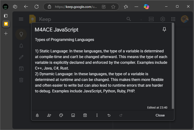 Gaius_Oreoluwa's tweet photo. Hello World!
It's Day 10 of the #30DaysofLearningChallenge.
Made it to day 10 without skipping a day. CONSISTENCY!
Today, I read about Dynamic and Static languages, the latter being flexible but more prone to runtime errors, than the former. #myTechjourneywithM4ACE @for_M4ACE https://t.co/ZutvoaYnCo