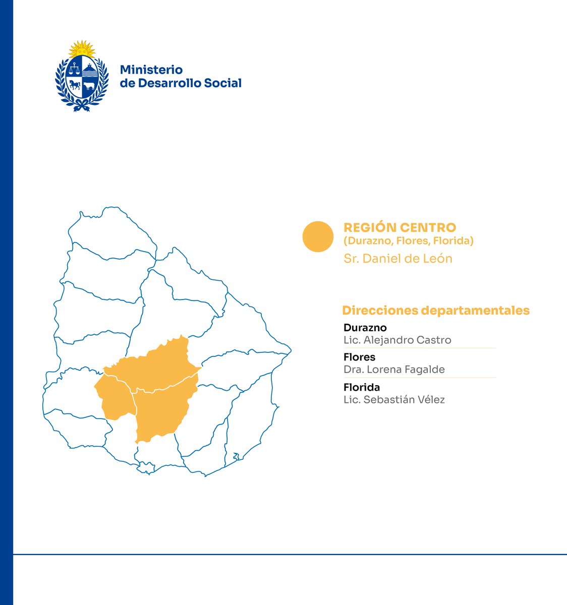 📍Región Centro
(Durazno, Flores, Florida)
Sr. Daniel De León

➖Durazno
Lic. Alejandro Castro

➖Flores
Dra. Lorena Fagalde

➖Florida
Lic. Sebastián Vélez