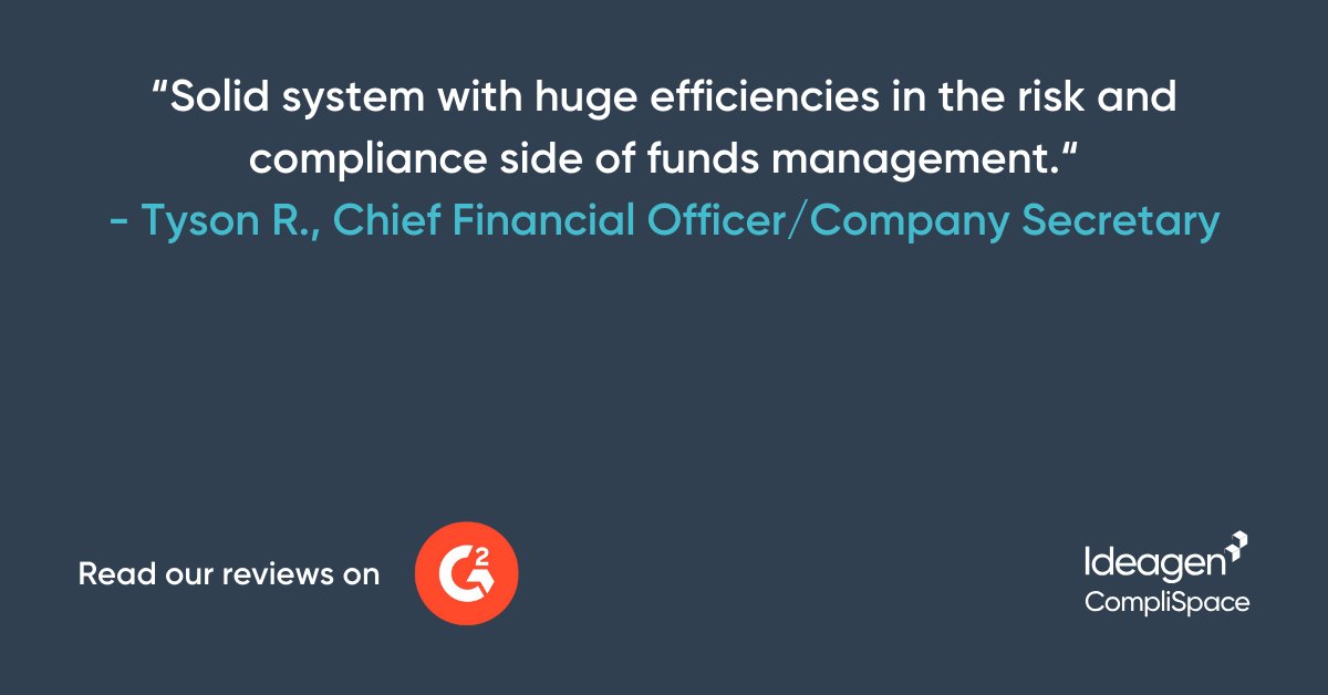 We love hearing how Ideagen CompliSpace is helping businesses thrive! 📣

This G2 user highlighted the time-saving power of Ideagen CompliSpace, allowing them to focus their efforts on more strategic aspects of risk and compliance. With pre-loaded compliance plans linked to
