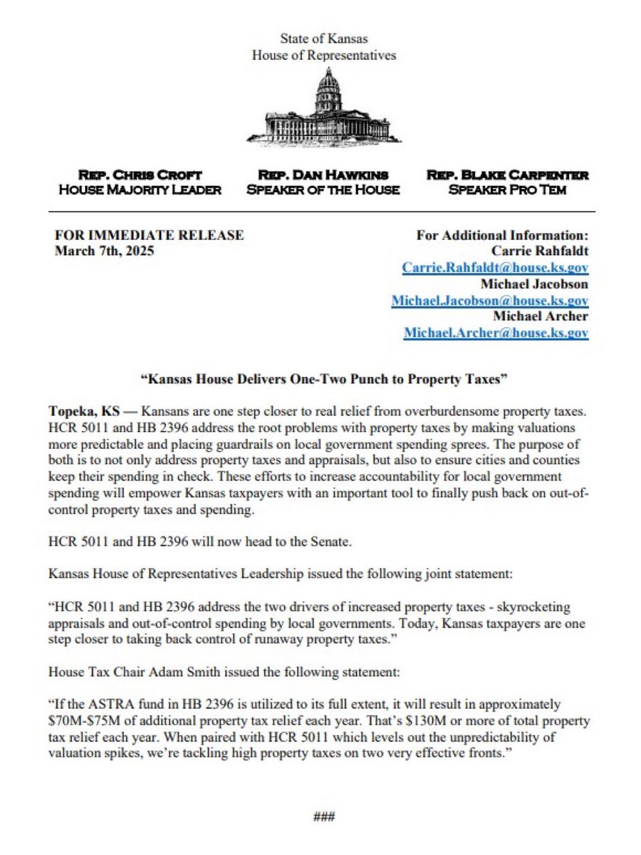 Kansans have been crystal clear—they need property tax relief now. That’s why on Friday, the House passed HCR 5011 and HR 2396 to set the condition for meaningful property tax relief. Read the full statement from House Republican Leadership here ⬇️ #ksleg