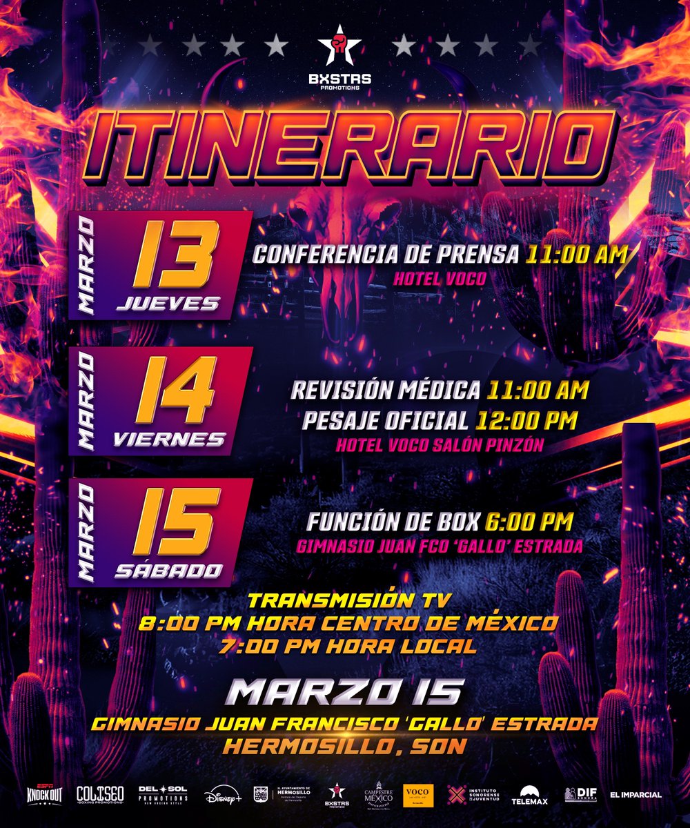 bxstrs's tweet photo. Semana de pelea ⬇️🥊
Yoreme Mendoza en combate internacional en Hermosillo este sábado por @espnknockout 🥊🏜️

El clasificado mundial sonorense Sergio ‘Yoreme’ Mendoza (24-0, 21KO’S) protagoniza la función ‘La Nueva Generación’ en su natal Hermosillo ante el colombiano Edinson Martínez 🇨🇴(12-4-3, 9KO’S) con transmisión internacional por @espnknockout . 

Talento sonorense en acción: 
➡️Yolanda ‘Pitayita’ Vega 
➡️Jesús ‘Ragnar’ Urrtuia 
➡️David ‘Torbellino’ Sánchez
➡️Jandell Caballero
➡️Oscar ‘Patroncito’ Cortez 
➡️Alexis González 

📆Sábado 15 de marzo | 🏟️ Gimnasio Juan Francisco Gallo Estrada Hermosillo, Son. 
📺 @espnknockout
