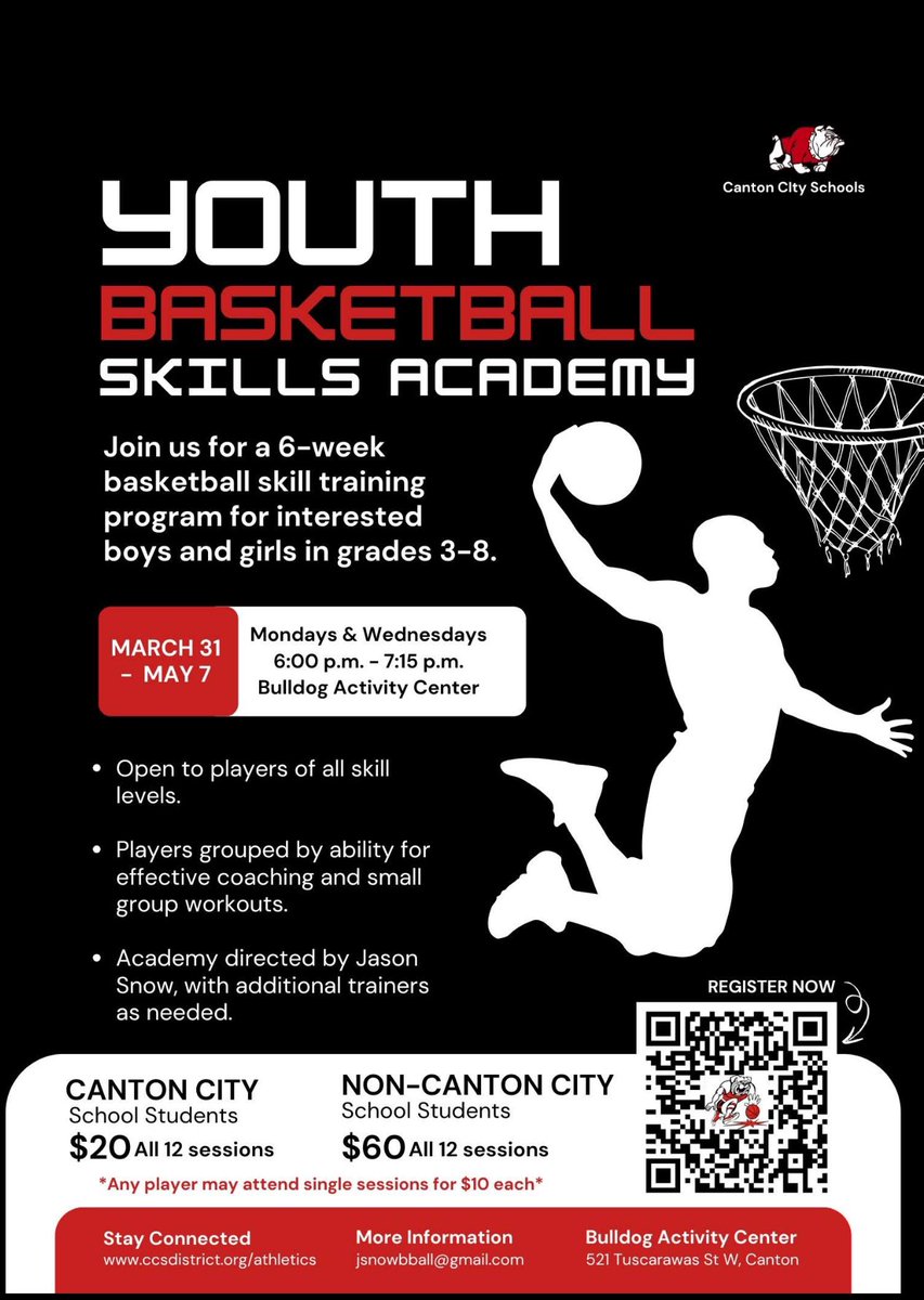 Youth Basketball Skills Academy! 
Register now at the QR Code below

Academy Director: 
Jason Snow 
*2005 McKinley Graduate and State Champion
*Collegiate Basketball Player
*Former Professional Basketball Player
*10 years experience being a Trainer/Youth Basketball Director 
🐶🏀