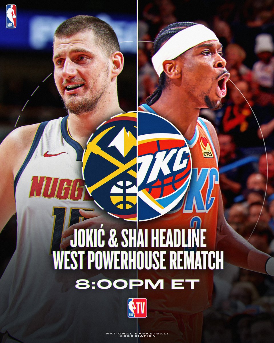 NBA's tweet photo. JOKER. SGA. THE REMATCH. 🍿

▪️Jokić: Averaging a triple-double (28.8 PPG, 12.9 RPG, 10.5 APG)
▪️Shai: Three straight 40+ point games, NBA scoring leader (32.9 PPG)
▪️OKC: West's No. 1, aiming for 8th straight win
▪️DEN: No. 3 in the West

After winning the first matchup, the Thunder will host the Nuggets again for round 2 tonight at 8:00pm/et on NBA TV!