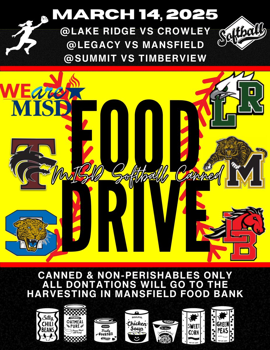 Don’t forget to bring canned goods to our Friday game vs. Timberview. Site has been changed and we will be @ Summit!! 💙🥎🐆