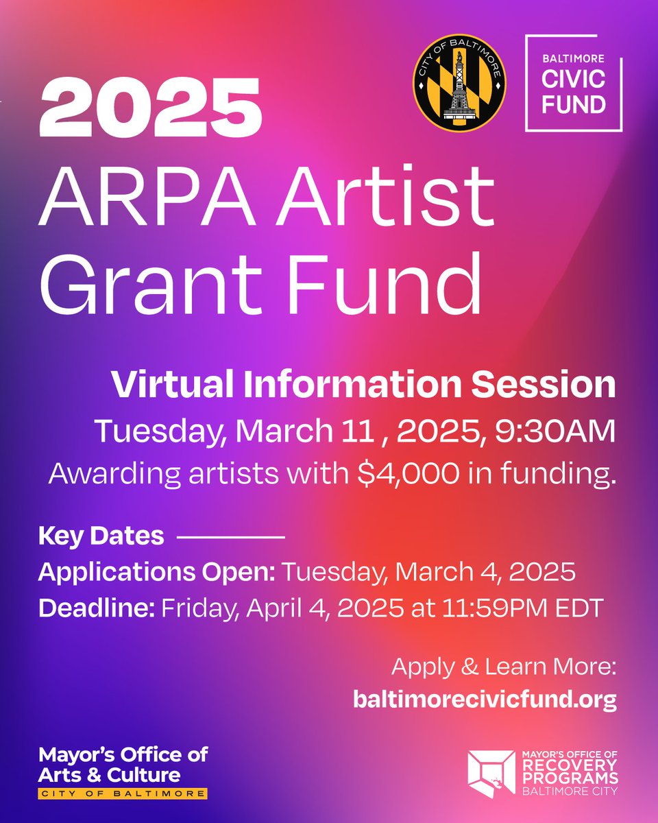 Calling all artists!

Learn more about Baltimore's Artist Grant Fund at tomorrow's Virtual Information Session. Don't miss this chance to get the details you need to apply.

For more information and how to join, visit:
baltimorecivicfund.org/2025-arpa-arti…