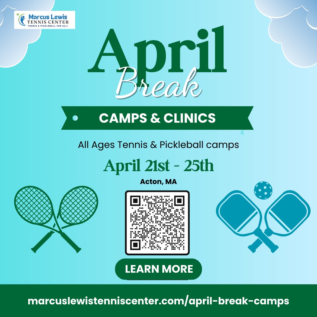 April Break is almost here....

Sign for the MLTC'S tennis &amp; pickleball camps.
Adults. Kids. All Levels.

We have something for everyone!

Visit marcuslewistenniscenter.com/april-break-ca… to learn more &amp; sign up