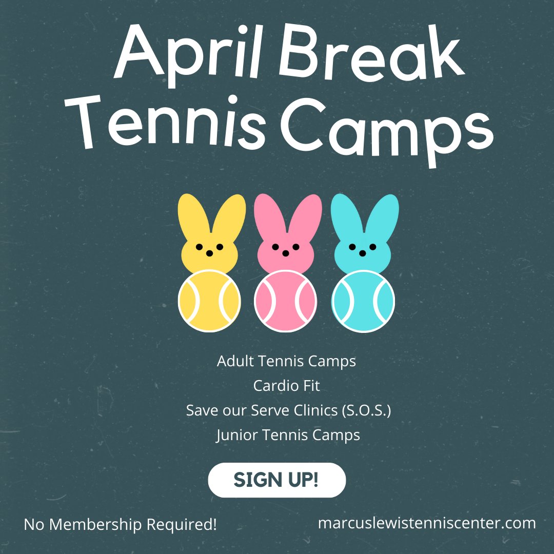 April Break is almost here....

Sign for the MLTC'S tennis &amp; pickleball camps.
Adults. Kids. All Levels.

We have something for everyone!

Visit marcuslewistenniscenter.com/april-break-ca… to learn more &amp; sign up