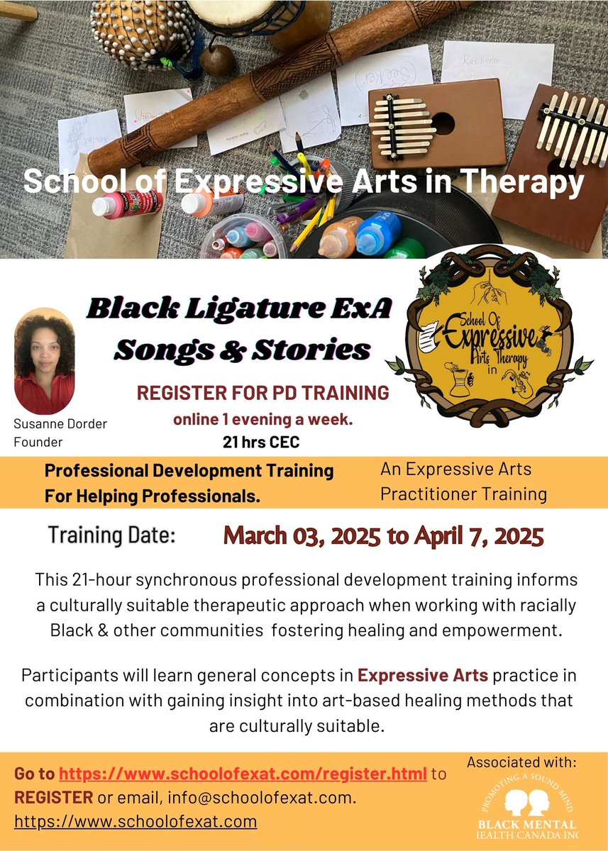 Black Mental Health Canada (@bmh_canada) on Twitter photo Join Black Ligature ExA: Songs & Stories, a 21-hour online training that equips practitioners with culturally responsive healing techniques for racially Black and other communities.
Spaces still available!
schoolofexat.com/register.html
Questions? Reach out to info@schoolofexat.com Join Black Ligature ExA: Songs & Stories, a 21-hour online training that equips practitioners with culturally responsive healing techniques for racially Black and other communities.
Spaces still available!
schoolofexat.com/register.html
Questions? Reach out to info@schoolofexat.com