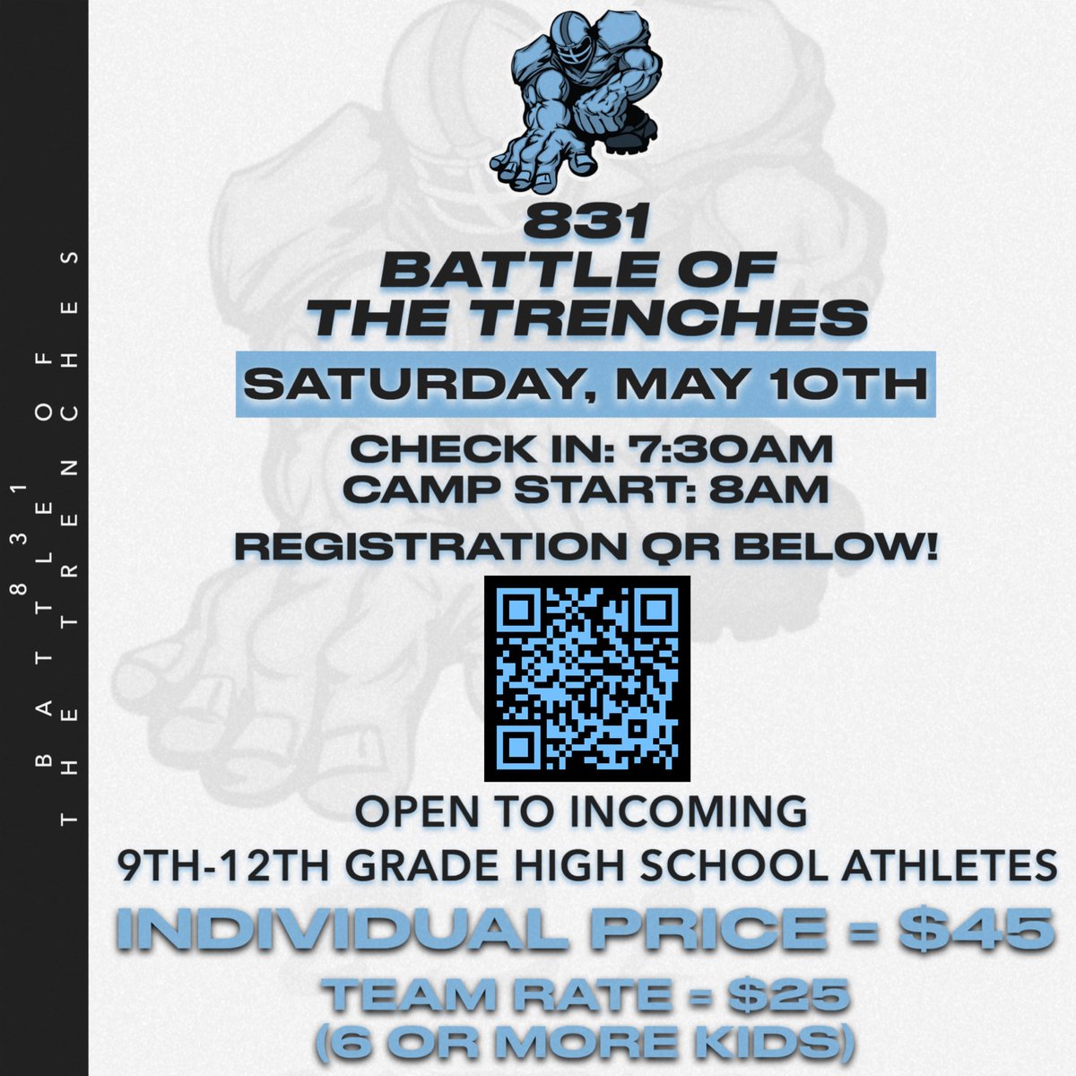 🚨Camp Date and Time Announcement🚨
831 Battle of the Trenches is set for May 10th!
Check in: 7:30am. Camp start: 8am
Individual price: $45
Team price (6 or more kids) $25
Location coming soon! Stay tuned‼️
SIGN UP LINK BELOW ⬇️ 

forms.gle/pNiAE3MvuvWPr1…