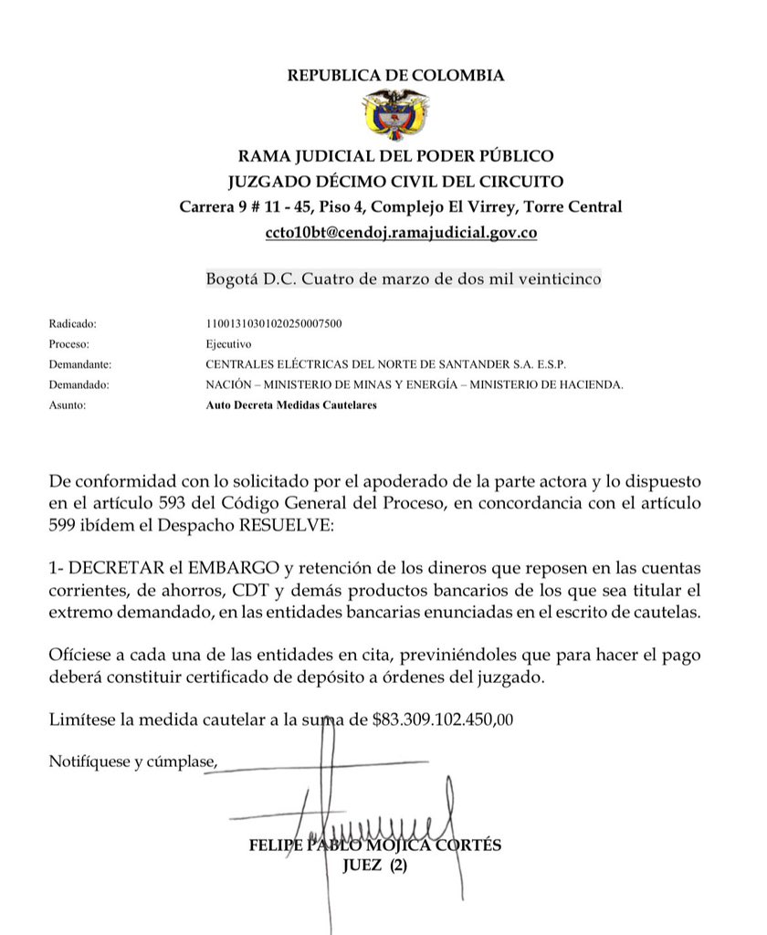 FicoGutierrez's tweet photo. La Justicia nos da la razón. Hoy ordena embargar las cuentas del Gobierno Nacional por deudas que tiene con EPM y sus filiales. El Gobierno Nacional aún no paga la totalidad de los subsidios a la tarifa de energía de los estratos 1, 2 y 3 que desde el año pasado debe a Epm y a sus filiales. Intentamos por muchos medios abrir canales de diálogo, pero nunca obtuvimos respuesta. Por esta razón decidimos acudir a la justicia y hoy se genera un hito alrededor de varias acciones legales que emprendimos en contra del Gobierno Nacional: en este caso en particular la Justicia ha decidido frente a la demanda que interpusimos por la deuda que tiene con Centrales Eléctricas de Norte de Santander-Epm. También presentamos las demandas por deudas con Afinia y demás filiales de Epm, asimismo demandamos el no pago de los aportes del Metro de La 80 de la vigencia 2024, como también demandamos el decreto de presupuesto donde aplaza el pago de 2025. 
Presidente Petro @petrogustavo, esta es una decisión de la Justicia, le pido que pague lo que debe, no le estamos pidiendo un favor, simplemente que cumpla con la Constitución y la Ley.