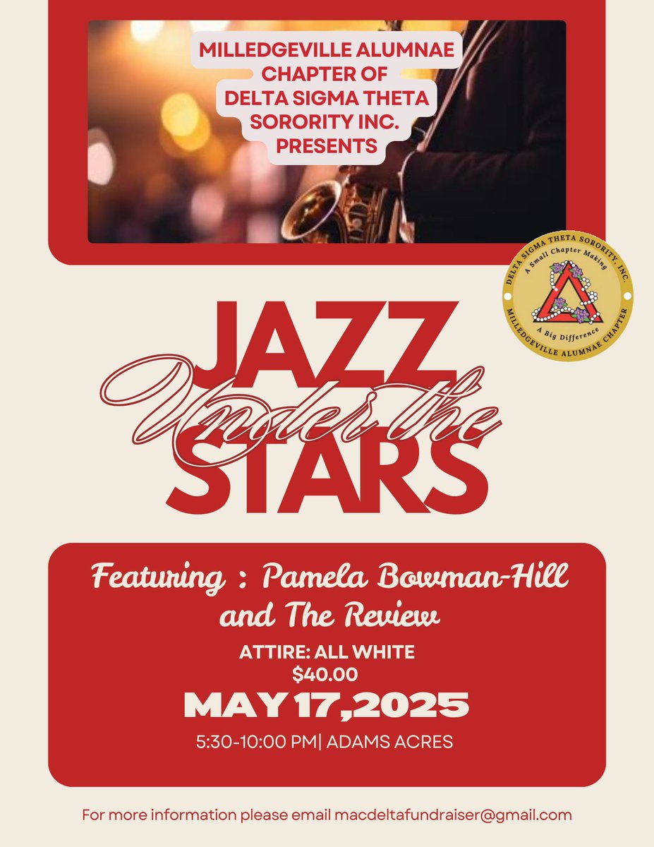 macdstalumnae's tweet photo. Join us for our annual fundraiser: “Jazz Under the Stars”. Come and enjoy an evening of live music, light hors d'oeuvres , &amp; fellowship. The event is Saturday , May 17, 2025. Get your tickets now Email macdeltafundraiser@gmail.com or see a member of Milledgeville Alumnae Chapter. https://t.co/Bmg3e7g2Q9