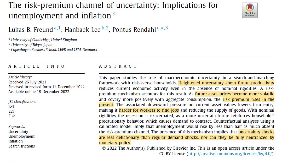 An important channel for macro uncertainty is the interplay of financial &amp; labor markets.

Uncertainty exerts downward pressure on asset values, discouraging vacancy posting and making it harder for workers to find jobs. Potentially inflationary. 
doi.org/10.1016/j.red.…