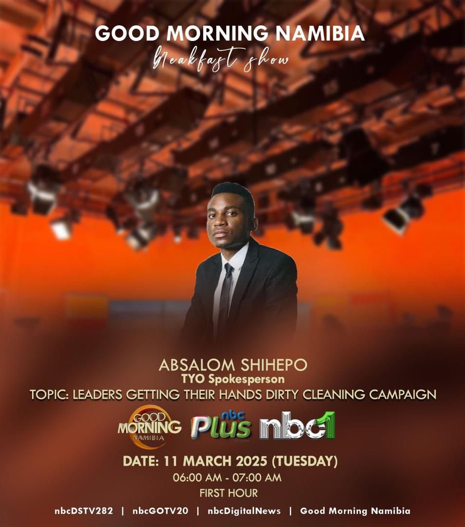 Catch Absalom Shihepo the Spokesperson of TUKWATHA YOUTH ORGANIZATION on *Good Morning Namibia* as he dives into the *Leaders Getting Their Hands Dirty Cleaning Campaign!* happening on *March 15, 2025!* 
Let’s take action, impact, and making a real difference! Tune in on March 11