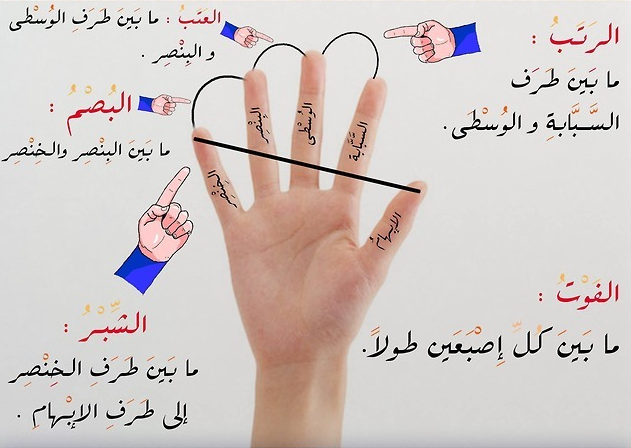 🇸🇦
* أسماء ما بين الأصابع :
- الفتر : ما بين الإبهام والسبابة.
- الفوتُ: ما بينَ كل إصبعين طـولاً. 
- البُصمُ: ما بين طرف البنصر والخنصر.
- العتبُ: ما بين طرف الوسطى والبنصر.
- الرَتبُ: ما بين طرف السبابة و الوسطى. 
- الشبرُ: ما بينَ طرف الخنصر إلى طرف الإبهام.