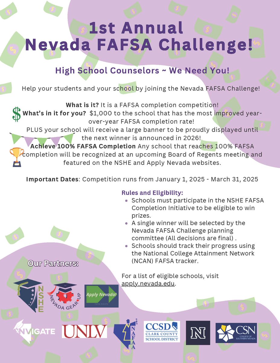 ThePEFtoday's tweet photo. ATTENTION HIGH SCHOOLS: The first-ever Nevada FAFSA completion competition is still underway! The school with the largest year-over-year increase in FAFSA completions will win $1,000! Submit your FAFSA today and help your school win. Learn more here: https://t.co/cToF7PDvGK https://t.co/Tq5u8lpCdN