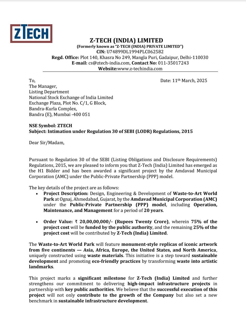 nid_rockz's tweet image. ZTECH India
#Ztech

Pouring orders for ZTECH 

Waste to Art World Park,Amdavad

20cr including O&amp;amp;M for 20 years
 
75% to be funded by public authority and 25% of proj cost to be funded by ZTECH