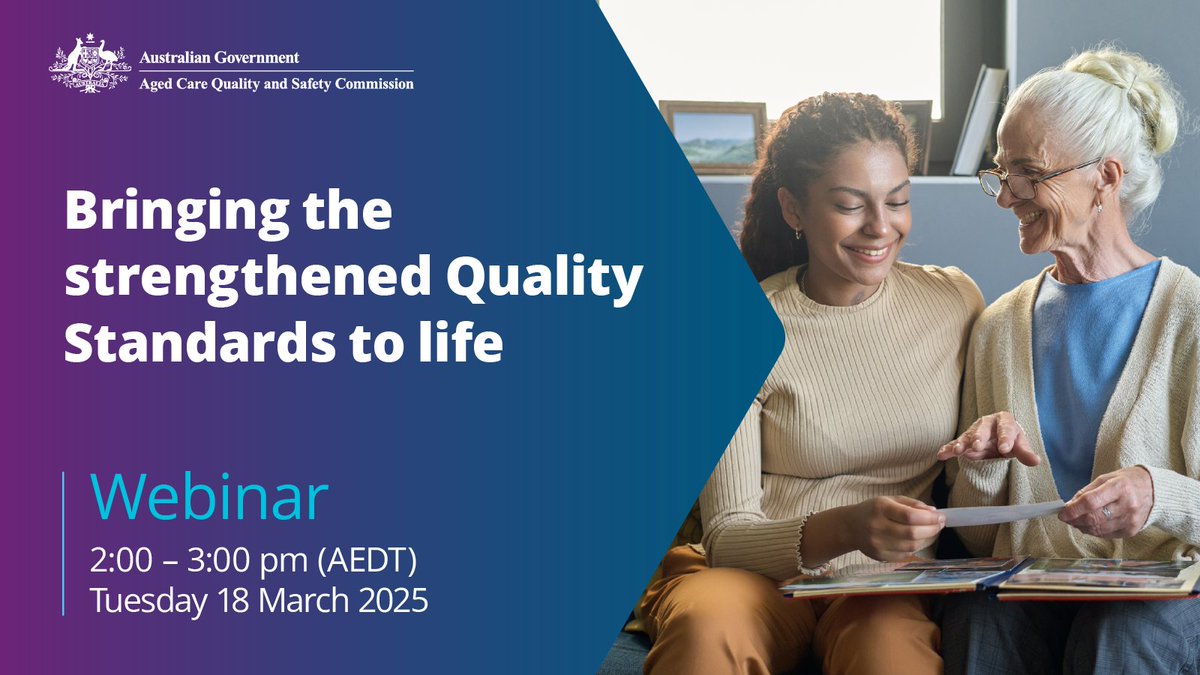 Aged Care Quality and Safety Commission (@agedcarequality) on Twitter photo š£ Aged care provider ā register for our second webinar of 2025, āBringing the strengthened Quality Standards to lifeā.
The strengthened Quality Standards will replace the current Aged Care Quality Standards on 1 July 2025.
š Click here now to register: loghic.eventsair.com/131185/238849/⦠š£ Aged care provider ā register for our second webinar of 2025, āBringing the strengthened Quality Standards to lifeā.
The strengthened Quality Standards will replace the current Aged Care Quality Standards on 1 July 2025.
š Click here now to register: loghic.eventsair.com/131185/238849/ā¦