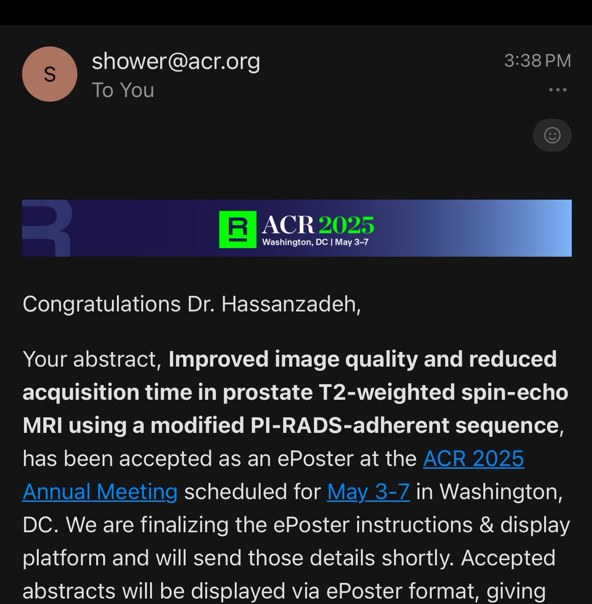 saraaahzzz's tweet image. Honored to have our abstract selected for presentation at #ACR2025! Big shout-out to my mentor and colleagues who turned collaboration into innovation.
Looking forward to sharing our findings with the radiology community! @RadiologyACR #Radiology