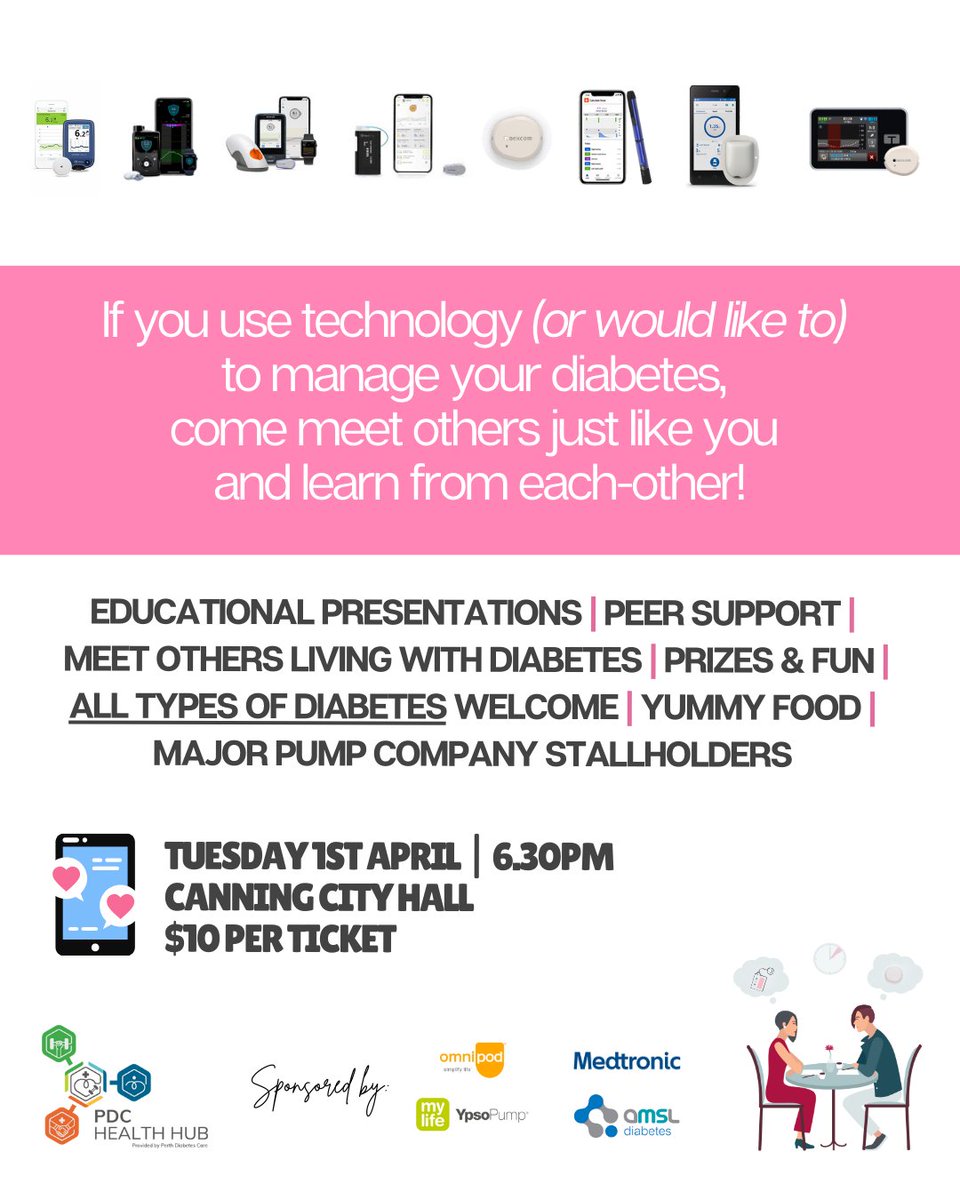 perthdiabetes's tweet photo. Which diabetes tech is YOUR type? Find out at our "speed dating" tech info night! 💕 - https://t.co/40pfq316ez https://t.co/LsfHXpXfT4