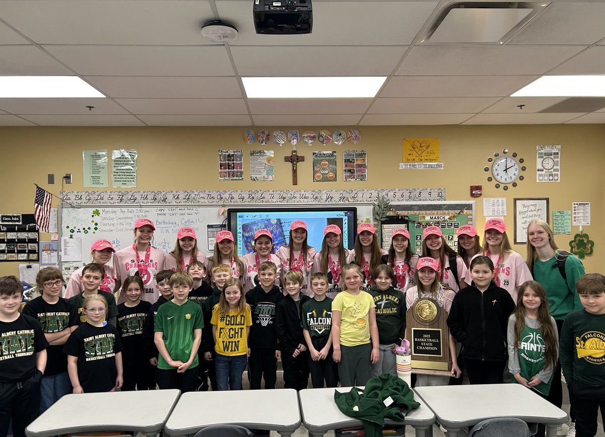 The State Champions were making the rounds to many of the classrooms on the Hill today to meet and greet their adoring fans!  
(All St. Albert Students were allowed to wear Green and Gold as part of the Celebration.)
#CradletoCollege