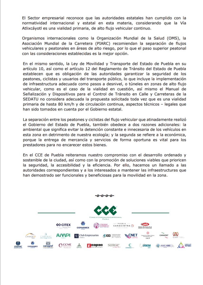 #Entérate || El CCE de #Puebla rechaza la instalación de un paso peatonal a nivel en Vía Atlixcáyotl y Cúmulo de Virgo, señalando que sería un retroceso en movilidad y pondría en riesgo a los peatones; afirma que las escaleras eléctricas y elevadores propuestos garantizan