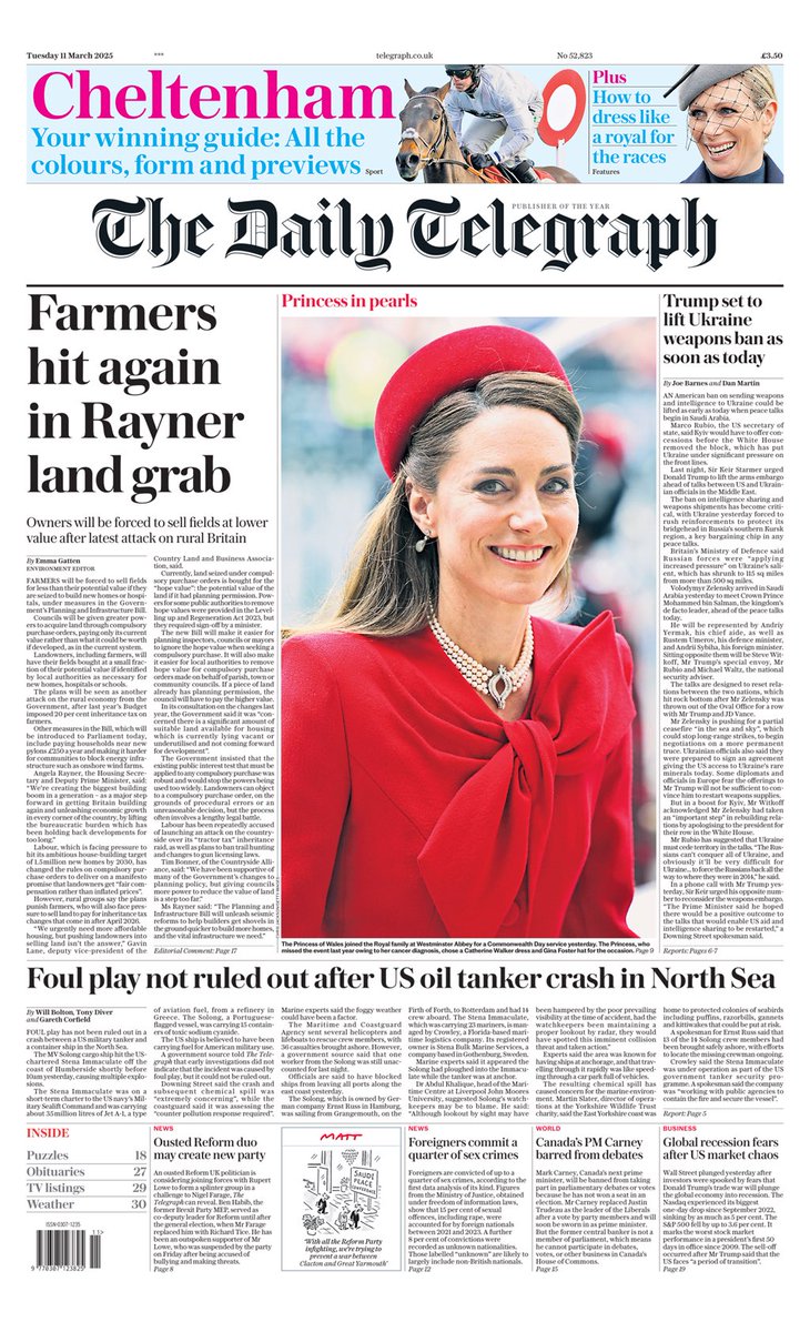 Farmers hit again in Rayner land grab - today’s <a href="/Telegraph/">The Telegraph</a>