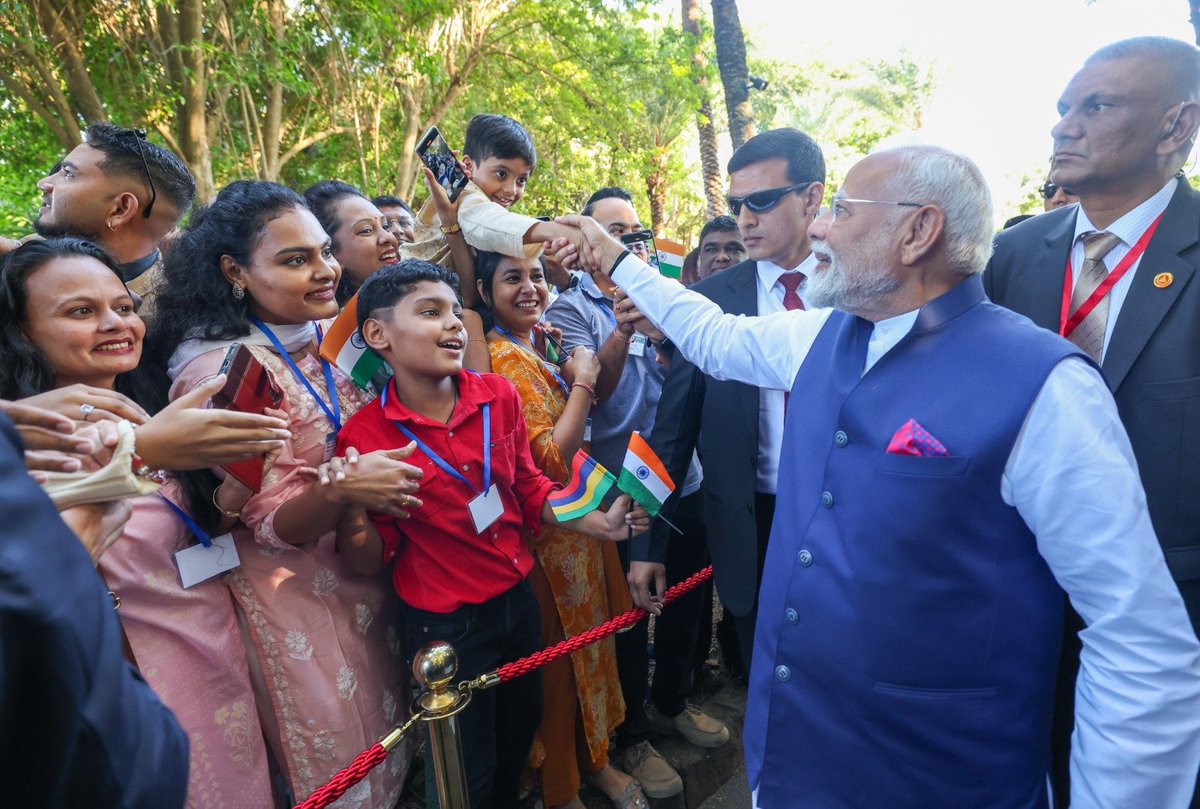 narendramodi's tweet image. Deeply touched by the warm welcome from the Indian community in Mauritius. Their strong connection to Indian heritage, culture and values is truly inspiring. This bond of history and heart continues to thrive across generations.