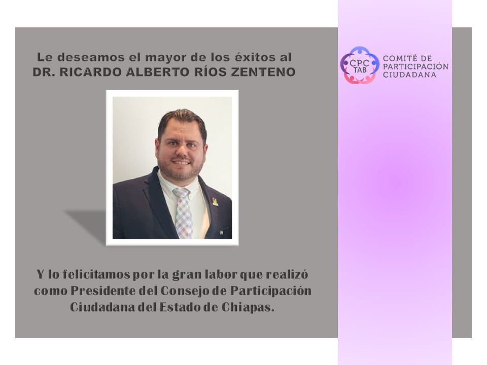 Estimado <a href="/RRiosZenteno/">Ricardo Alberto Rios Zenteno</a> estoy segura que en los proyectos que emprendas te irá muy bien, porque eres una persona muy profesional y proactiva, con una gran visión!
Gracias por todo lo aportado tanto al Sistema Anticorrupción de Chiapas como al Sistema Nacional!