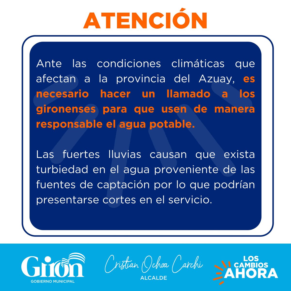 🔴Atención: Hacemos un llamado a la ciudadanía para el uso responsable del agua potable.

Conoce más: