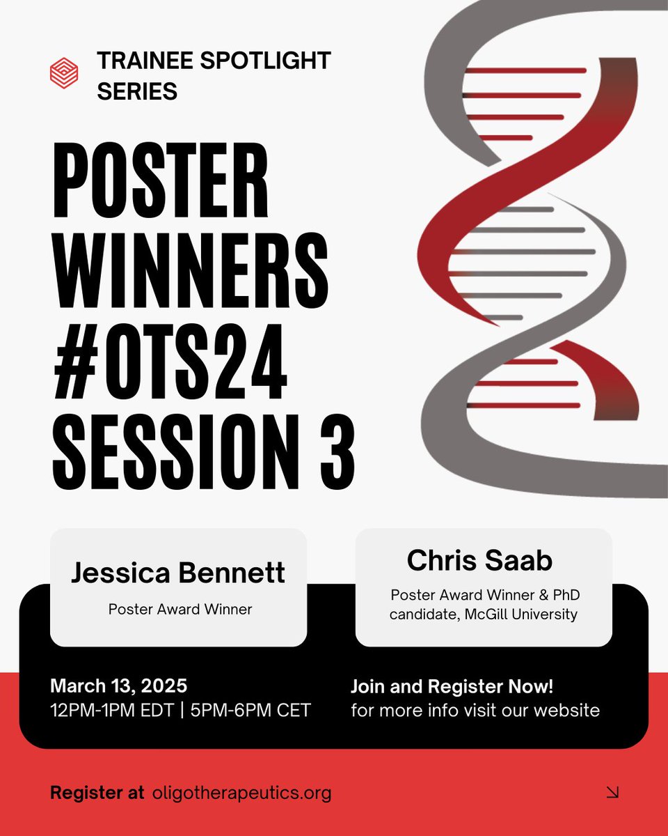 OTSociety's tweet photo. Join our next webinar in 2 DAYS!

Our Trainee Spotlight Series Webinar featuring Poster Winners #OTS24, Jessica Bennett and Chris Saab is THIS THURSDAY, March 13th, at 12pm EDT / 5pm CET.

Secure your spot at https://t.co/B3SadSDUFe

#ots #oligotherapeutics #oligonucleotide https://t.co/FvP4bOZLoH