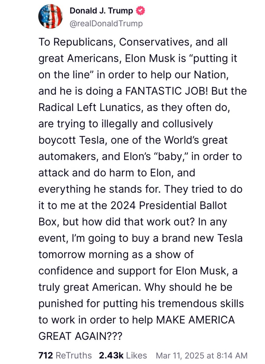 This is so cool.  Trump buying a Tesla tomorrow to show support.