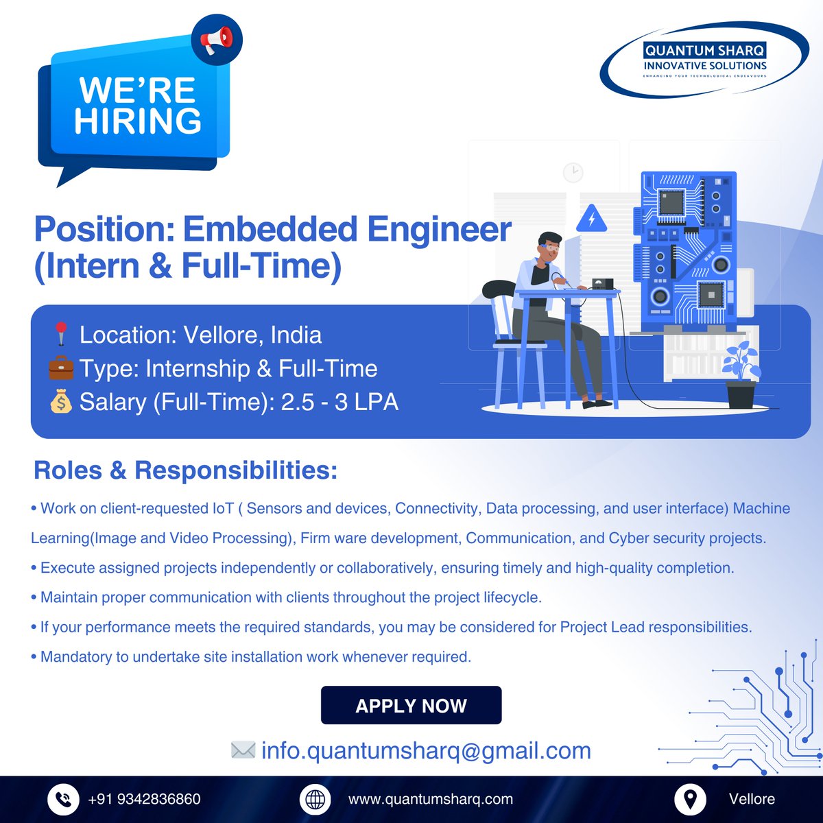 SharqQuantum's tweet image. 🚀 We're Hiring – Embedded Engineer (Intern & Full-Time)!
Join Quantum Sharq Innovative Solutions and work on IoT, ML, Firmware, & Cybersecurity projects!
📍 Vellore, India | 💰 2.5 - 3 LPA
📩 Apply: info.quantumsharq@gmail.com
#Hiring #EmbeddedEngineer #IoTJobs