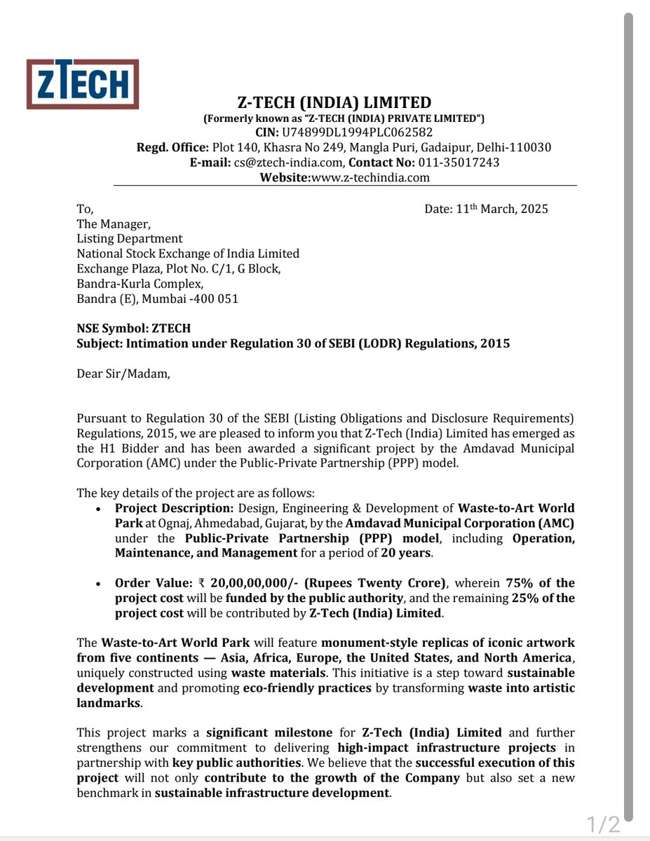 SMESTOCKNEWS's tweet image. - #ZTech (India) Ltd wins ₹20 Cr project from Amdavad Municipal Corp under PPP model
- Waste-to-Art World Park in Ahmedabad  
- 75% public-funded, 25% by Z-Tech  
- Ops, Maintenance and management for 20 years 
 #SME